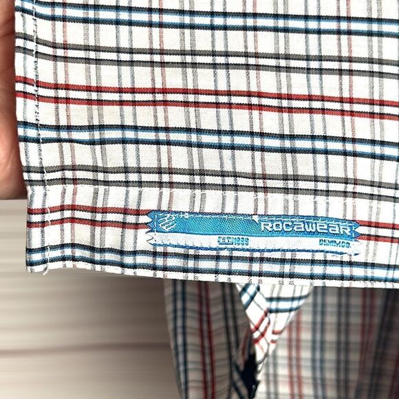 NWT ROCAWEAR Cotton Plaid White Red Blue Short Sleeve Button Down Shirt XL - Picture 9 of 14